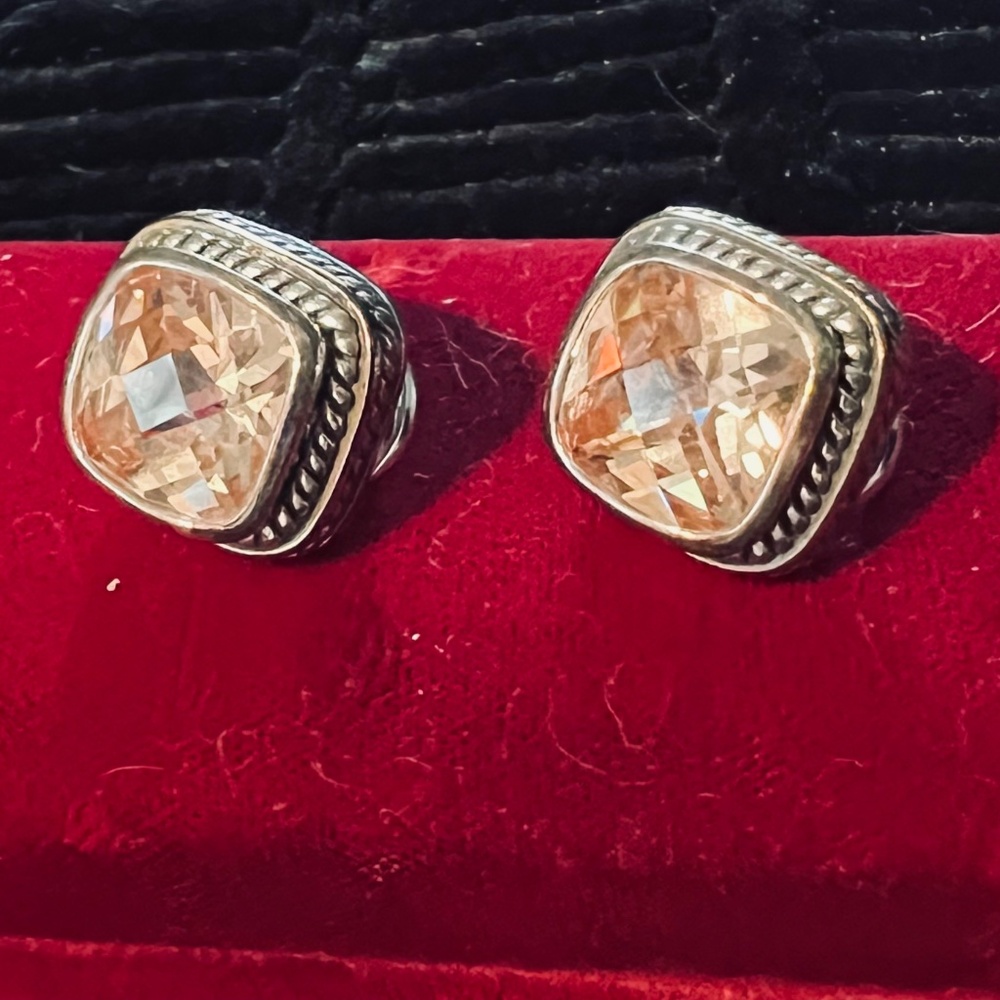 “David Yurman” Look CZ Cushion Cut Champagne Comfort Sterling Silver Earrings